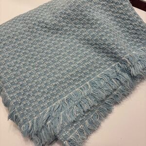 Vintage Homespun Fringed Tablecloth Blue White Rectangular Tablecloth 60" x 42"